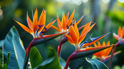 A close-up of exotic bird of paradise flowers, showcasing their striking colors and architectural shapes in vivid 4K HDR