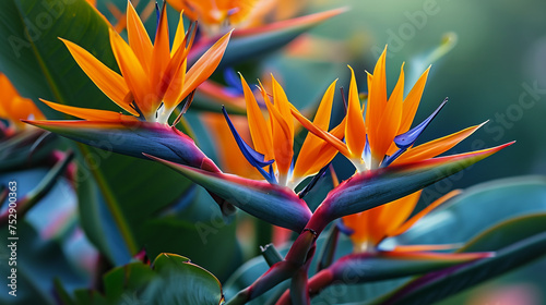 A close-up of exotic bird of paradise flowers, showcasing their striking colors and architectural shapes in vivid 4K HDR