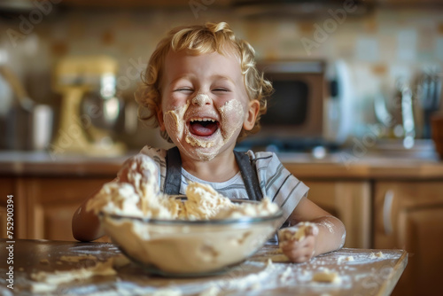 Little blond curly baby boy laughing out loud with face covered in dough