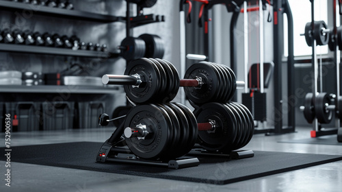 A pair of adjustable dumbbells resting on a weight rack