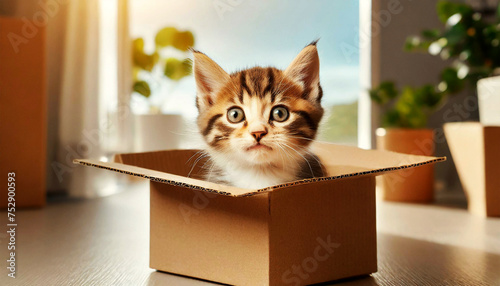Closeup and bottom view of a curious tabby baby cat peeking out from an open cardboard box. Concept of moving to a new apartment with pets. Generative Ai.