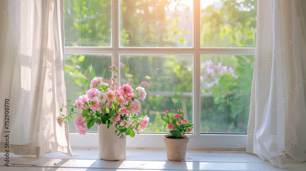 Beautiful fresh flowers in vases bask in the sunlight on a window sill, offering a view of a lush garden outside.