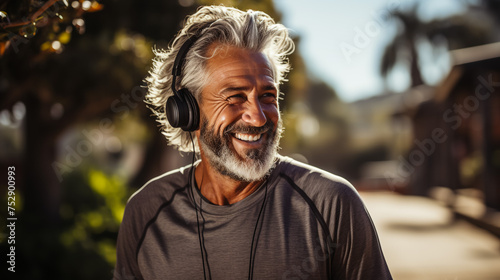 Smiling handsome mature caucasian runner jogger listening to the music in headphones, training outdoors in stadium. Workout for slimming. photo