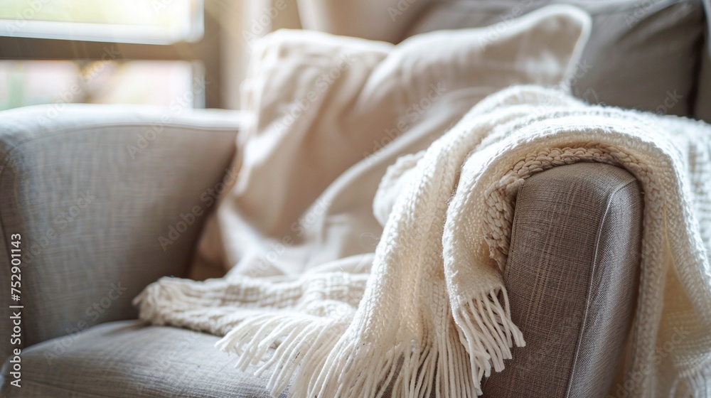 Close-Up Photograph of White Beige Cloth Blanket on Contemporary Armchair Close-Up Photograph of White Beige Cloth Blanket on Contemporary Armchair