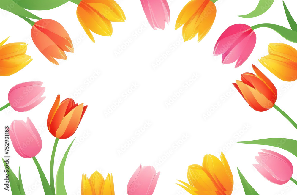 Greeting Card with pink, yellow tulips on transparent background. Happy  Mother's Day, birthday concept.