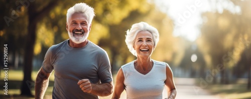 Active pensioner old couple is running in park, healthy lifestyle banner. Generative Ai.