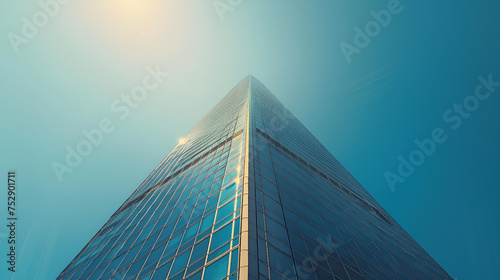 Office building on a background of the blue sky, up view in financial district, Office tall building, Generative AI, 