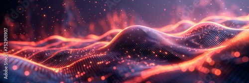 Vibrant digital wave landscape with particles. A high-quality 3D render of a dynamic digital wave landscape with illuminated particle dots creating a cosmic atmosphere.