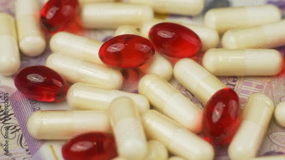 Pills and vitamins scattered on British pounds notes on desk. Top view, close up, slow rotation. Inflation. Expensive medicine. High cost of healthcare. Global pharmaceutical industry and medicinal Pills and vitamins scattered on British pounds notes on desk. Top view, close up, slow rotation. Inflation. Expensive medicine. High cost of healthcare. Global pharmaceutical industry and medicinal