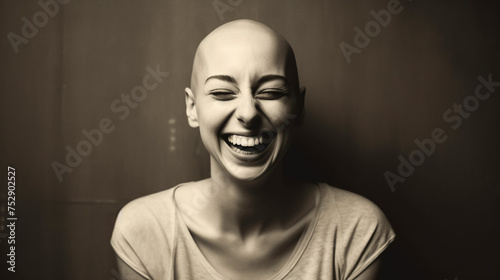 Portrait of the patient's smile is a cancer asian, where the strong mind is treated with chemo behind a gray wall.