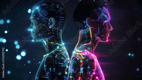 Two digital human profiles with neural network patterns against a dark background with light particles.