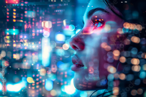 Face of beautiful woman reflected in glass of window and background of night city