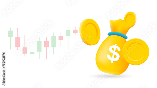 3d icon money bag and coin with candlestick. vector illustration