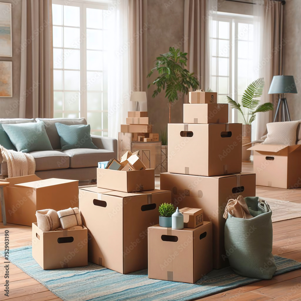 Fototapeta premium Moving boxes in room. Moving day concept. 3d render illustration
