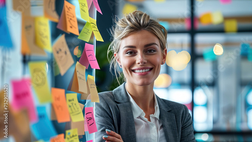 Business Woman Standing in Front of Wall of Sticky Notes. Professional Planning, Collaborative Brainstorming, and Creative Idea Generation in Office Environment, Fostering Teamwork and Success