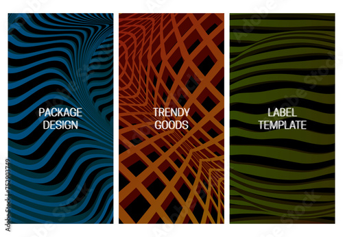 Set of packaging design with abstract volumetric backgrounds with futuristic 3D decorations.