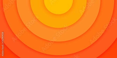 Orange concentric circles banner in paper cut style. Sun, bright sunlight, sunrise, sunset or sunburst background. Ripples, impact, sonar wave, epicenter, radar wallpaper. Vector illustration