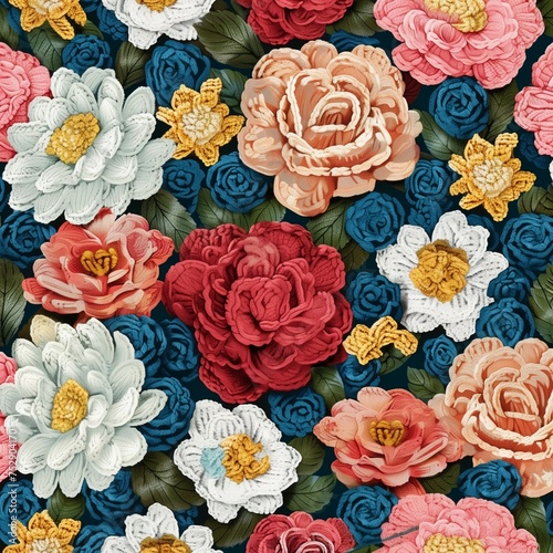 Seamless pattern featuring various popular floral motifs in detailed crocheted style, seamless pattern in all directions.