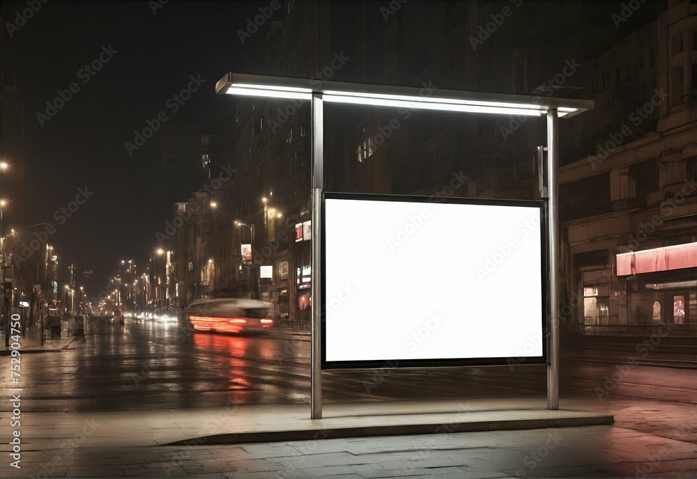 Blank bus stop advertising billboard in the city at night time.
