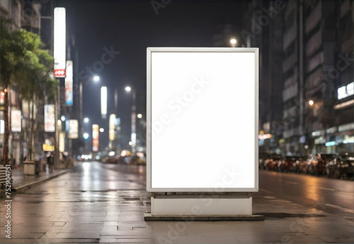 Empty Vertical space advertisement board, blank white signboard on roadside in city at night time, White signboard or lightbox on roadside for advertisement placement