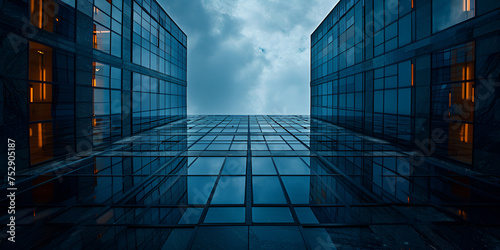 Office building on a background of the blue sky  up view in financial district  Office tall building  Generative AI  