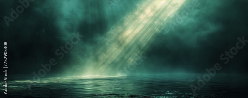 Subaquatic Light Rays Background. A captivating underwater view with ethereal rays of light cutting through the darkness of the ocean depths.