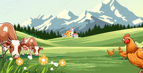 vector illustration of cow and hen on farm with plantation background 