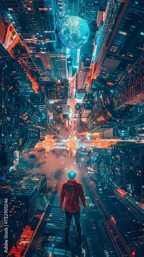 A man in a red jacket stands at the edge of a vibrant colorful city in a digital art concept piece The 4k image captures the essence of modern urban living in a futuristic setting