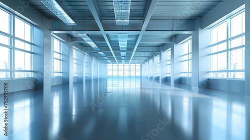 A long sleek office corridor with large windows in shades of light blue and silver exuding a sense of professionalism and modernity