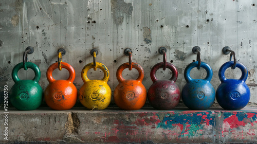 A set of colorful kettlebells