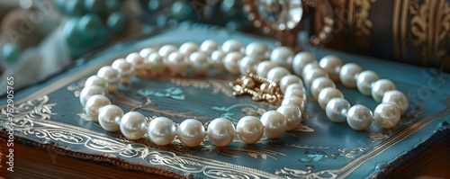 Preserve Tradition: A Bird's-Eye View of an Heirloom Pearl Necklace in a Sophisticated Setting. Concept Sophisticated Setting, Heirloom Pearl Necklace, Bird's-Eye View, Preserve Tradition