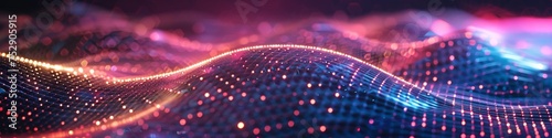Vibrant digital wave landscape with particles. A high-quality 3D render of a dynamic digital wave landscape with illuminated particle dots creating a cosmic atmosphere.