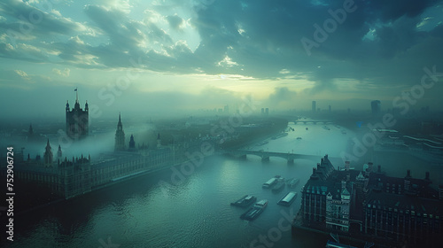 The City of London in Smoke, A Canal between the city, ai generated © Azmee