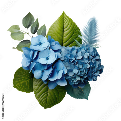 blue chrysanthemum and hydrangea flowers with green tropical leaves, decorative design bouquet,  isolated on a transparent background. PNG, cutout, or clipping path	

