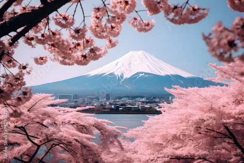 mountain view with cherry blossom  mount fuji   ai generated image