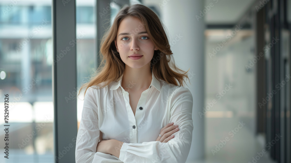 Successful young businesswoman with arms crossed standing in a modern business building - pretty smiling confident woman with long hair Successful young businesswoman with arms crossed standing in a modern business building - pretty smiling confident woman with long hair