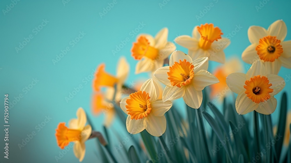 Vibrant yellow and orange daffodils blooming against a serene blue background in beautiful stock photograph Vibrant yellow and orange daffodils blooming against a serene blue background in beautiful stock photograph