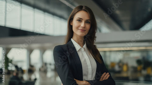 Successful young businesswoman with arms crossed standing in a modern business building - pretty smiling confident woman with long hair Free Download Successful young businesswoman with arms crossed standing in a modern business building - pretty smiling confident woman with long hair - GFXLoad
