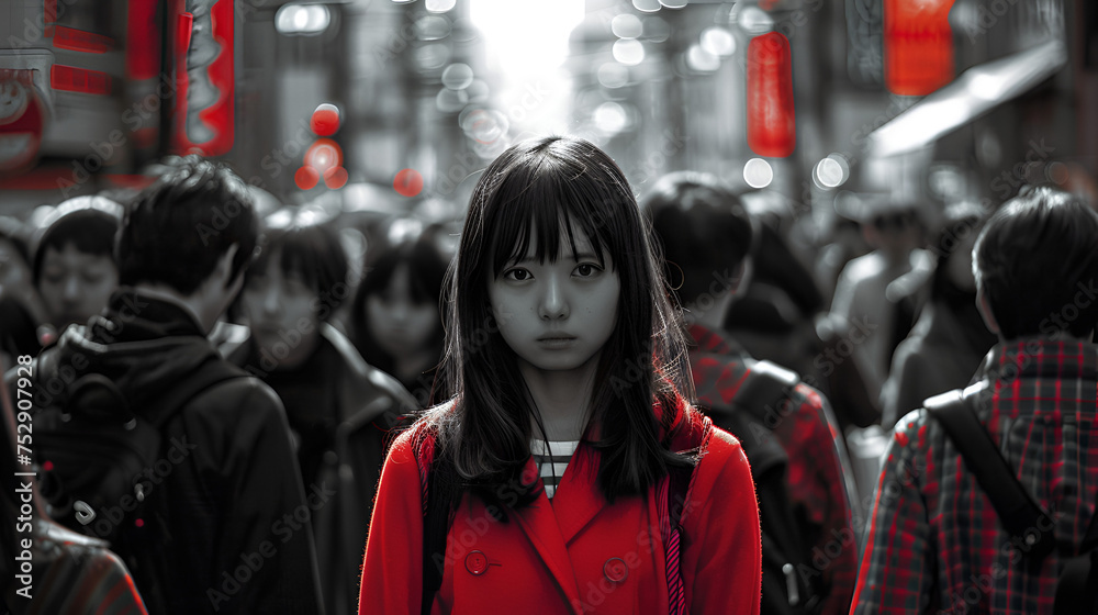 Young girl in red in Black and White Poeples looking to Camera, distinctly in the middle, Generative AI