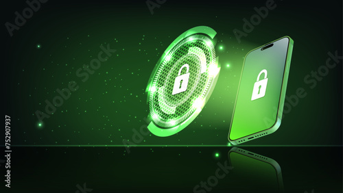 Mobile security app and data Protection green banner. Web and cyber security technology and High-level mobile security. Mobile security concept. Secure internet connection. Vector Web banner.