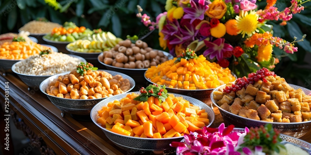 Colorful array of delicious food displayed on a wedding reception buffet. Concept Wedding buffet, Food display, Colorful spread, Reception, Delicious cuisine