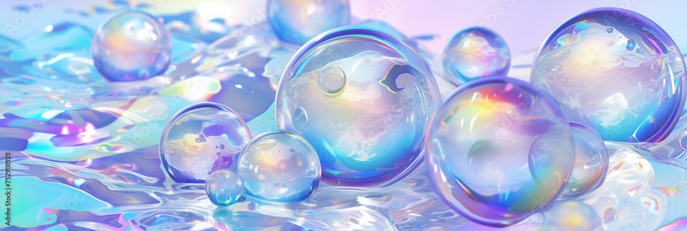 Spherical bubbles on iridescent, undulating liquid surface