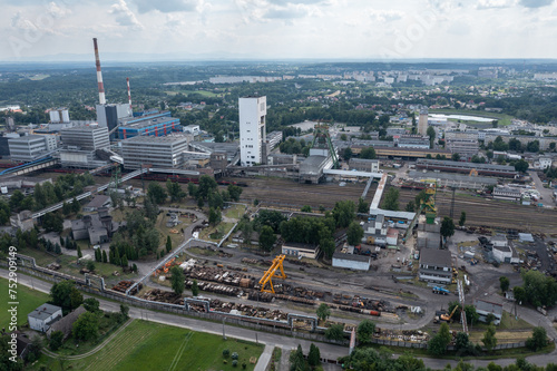 Aerial drone view of  coal mine in Poland. Coal Mine in Jastrzebie-Zdroj and partly in Mszana in Wodzisław County. Coal mine seen from a bird's eye view photo