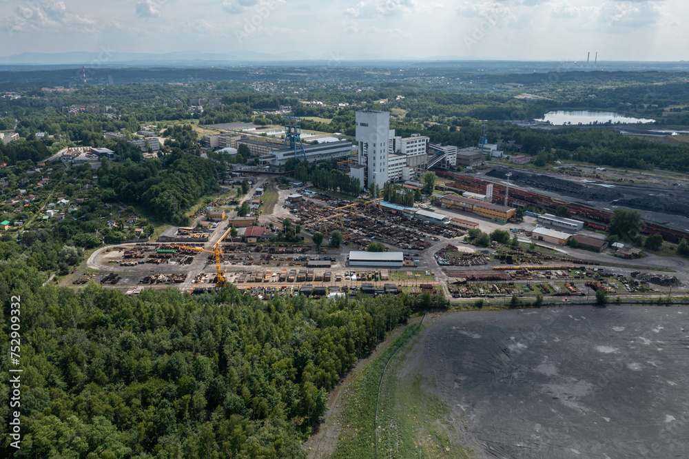 Aerial drone view of  coal mine in Poland. Coal Mine in Jastrzebie-Zdroj and partly in Mszana in Wodzisław County. Coal mine seen from a bird's eye view