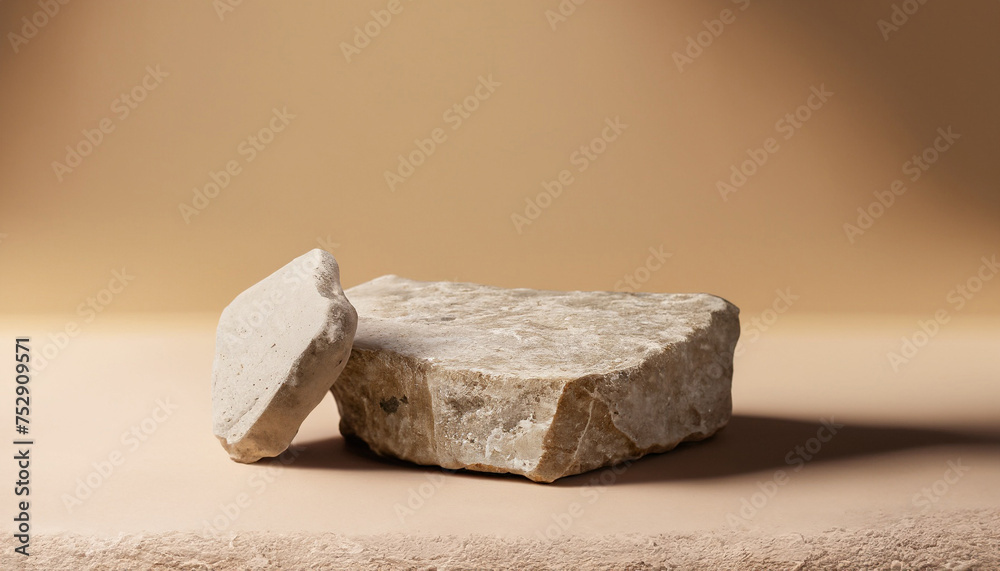 Quarts Quest Stone Podium, Beige Background, stone stage for product preview, stone podium beauty product display - obrazy, fototapety, plakaty 