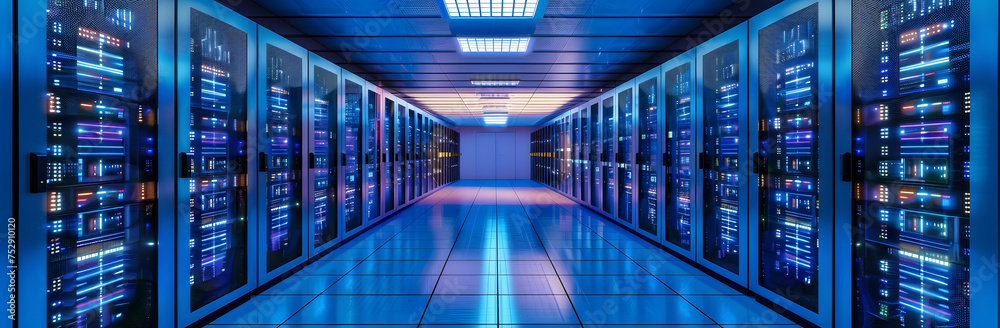 Data center for cloud computing and big data storage. Server room with rows of rack-mounted servers. Supercomputer or mainframe. Data center for cloud computing and big data storage. Server room with rows of rack-mounted servers. Supercomputer or mainframe.