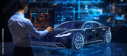 Automotive engineer using ai system for electric car design on hologram, smart ev technology