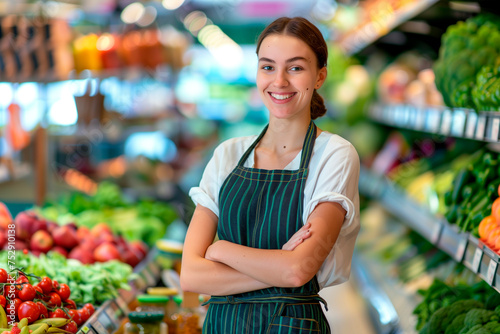 Portrait of smiling female staff standing with arms crossed in organic section of super market 