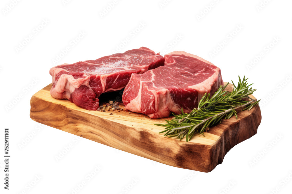 fresh raw meat  with spices on cutting board. Top view with copy space, PNG, cutout, or clipping path.	