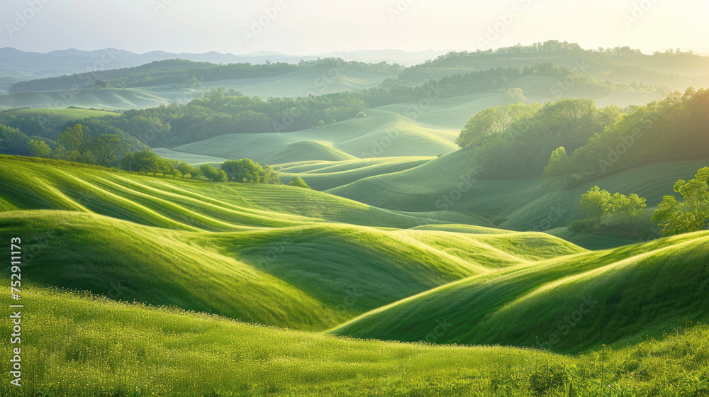 Gentle slopes of the rolling hills, where lush grasslands and undulating terrain create a serene landscape. Greenery nature.